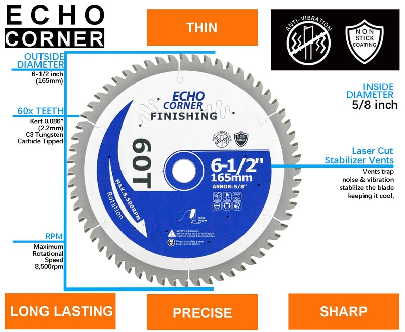Echo Corner 6-1/2 Inch Fine Finish Circular Saw Blade, Thin Kerf 60T, Non-Stick Coating, 5/8 Inch Arbor, Diamond Knockout - Image 2